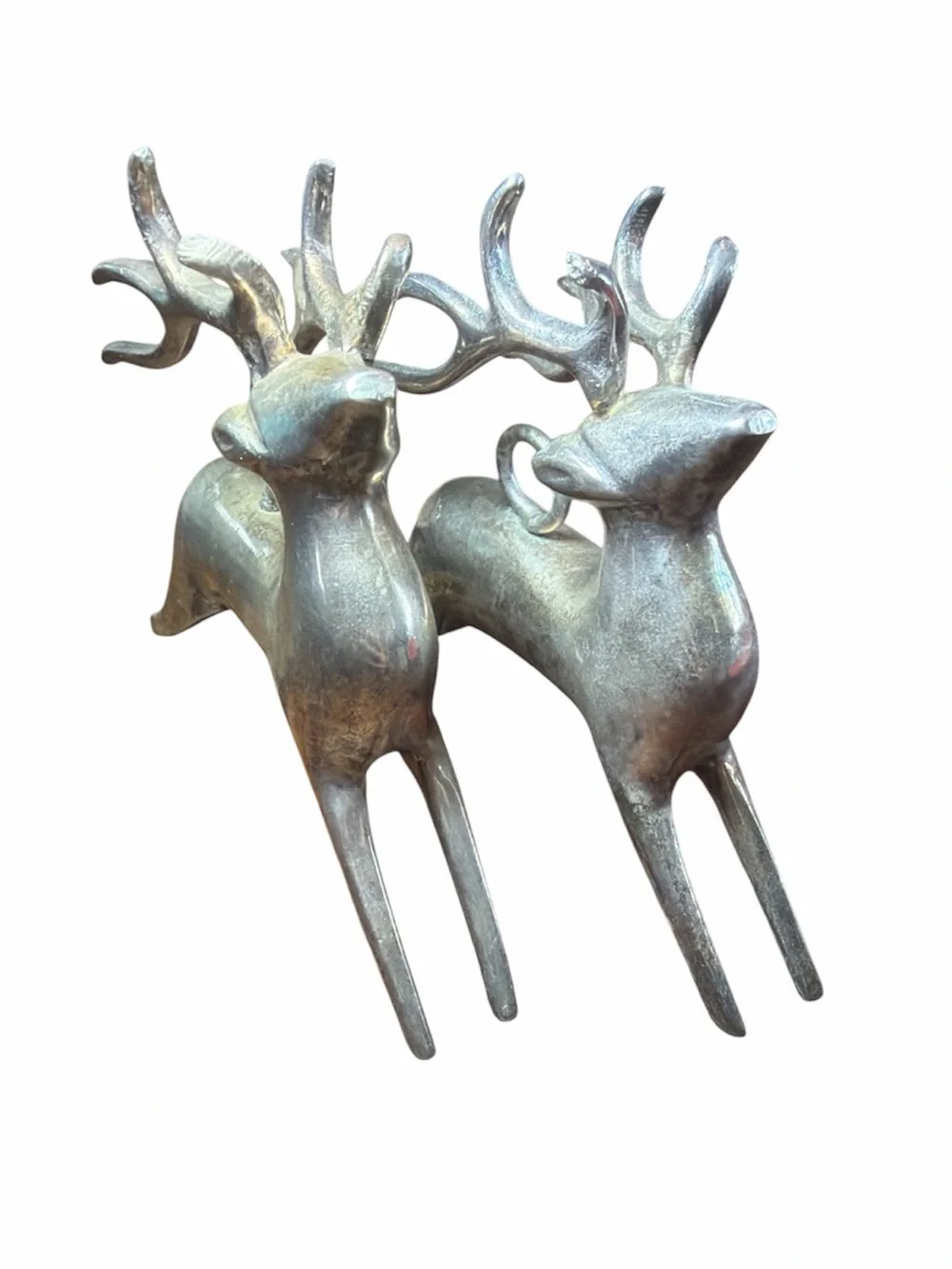 VTG Pottery Barn Silver Plated Leaping Reindeer Ornaments Set of 2 Christmas